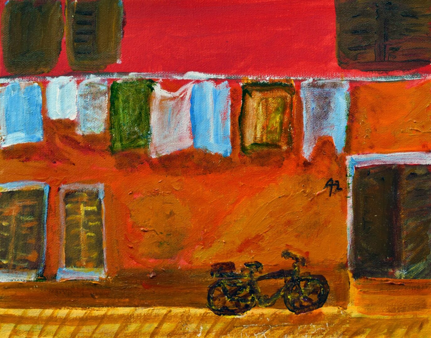 A painting of a bicycle parked on the side of a building.