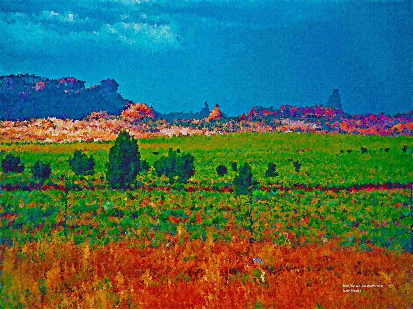 A painting of the desert landscape with trees and mountains in the background.