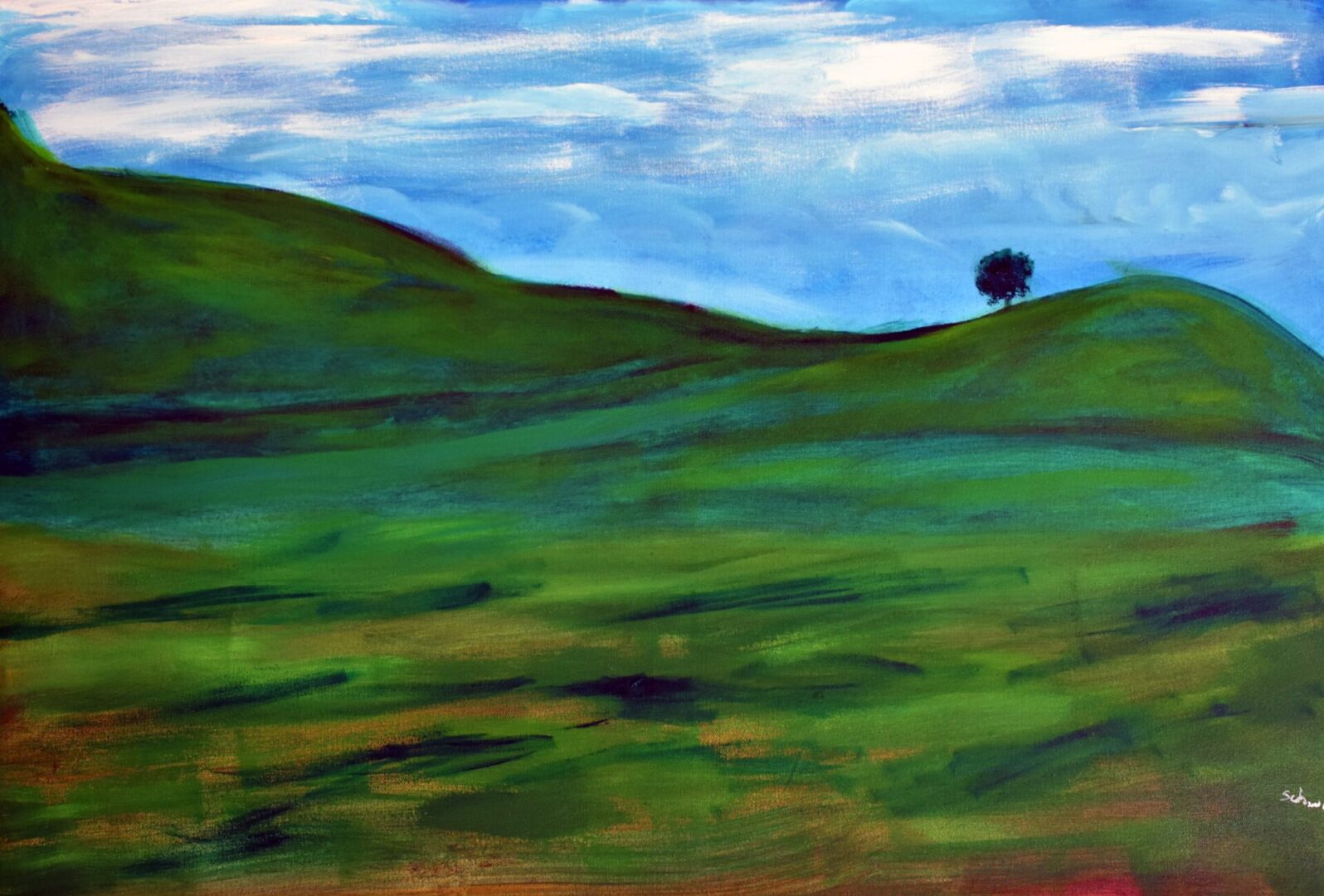 A painting of a tree in the middle of a green field.