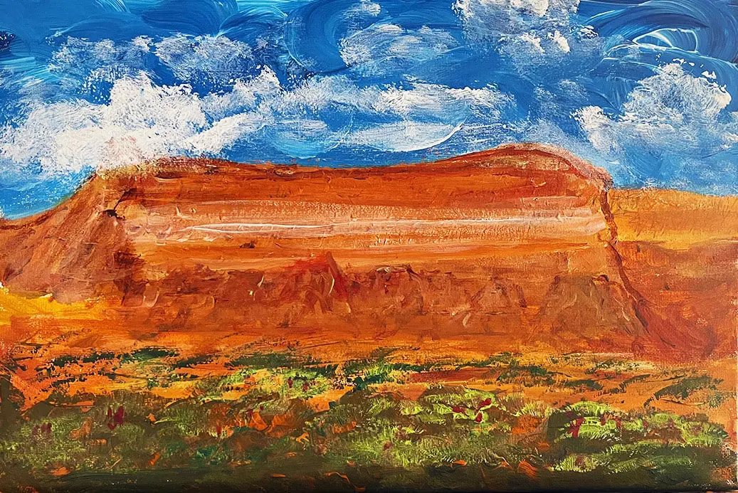 A painting of the desert with clouds in the sky.