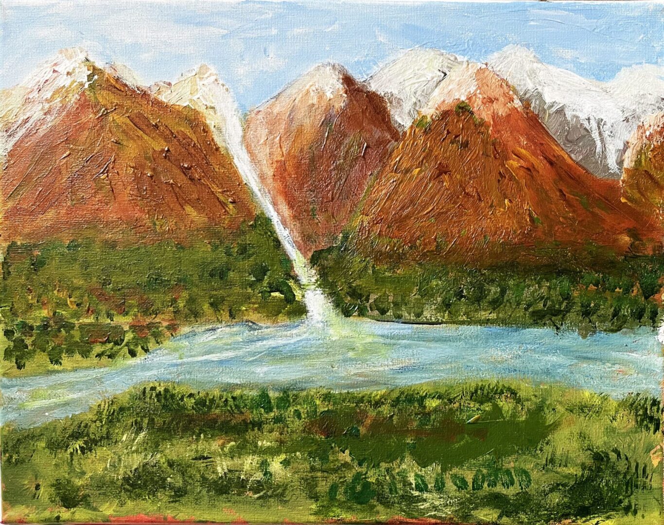 A painting of mountains and water with trees in the background.