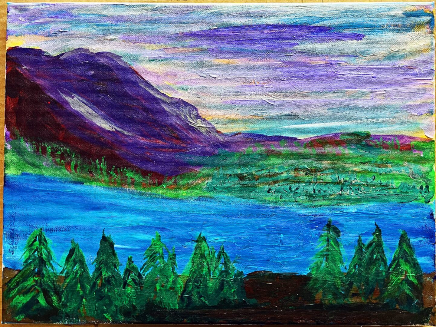 A painting of a mountain and trees