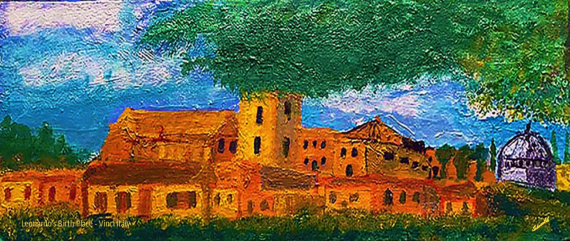 A painting of an old town with trees in the background.