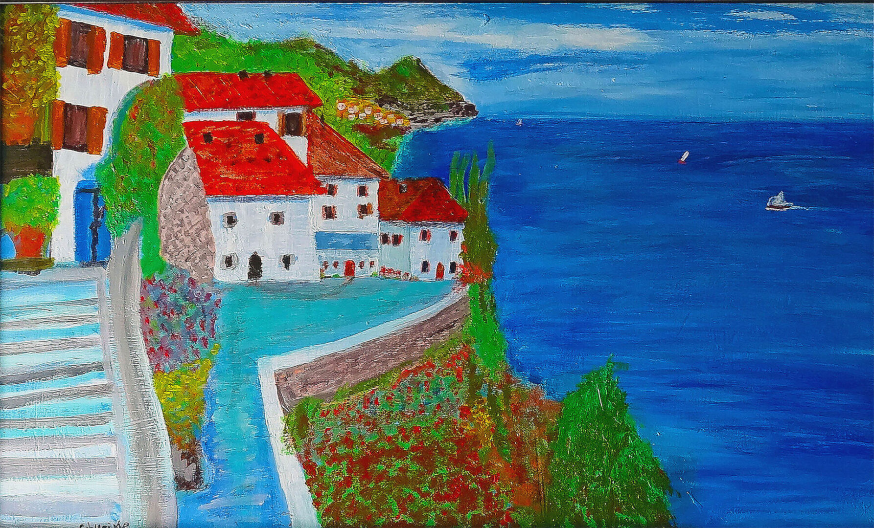 A painting of a house on the side of a cliff.