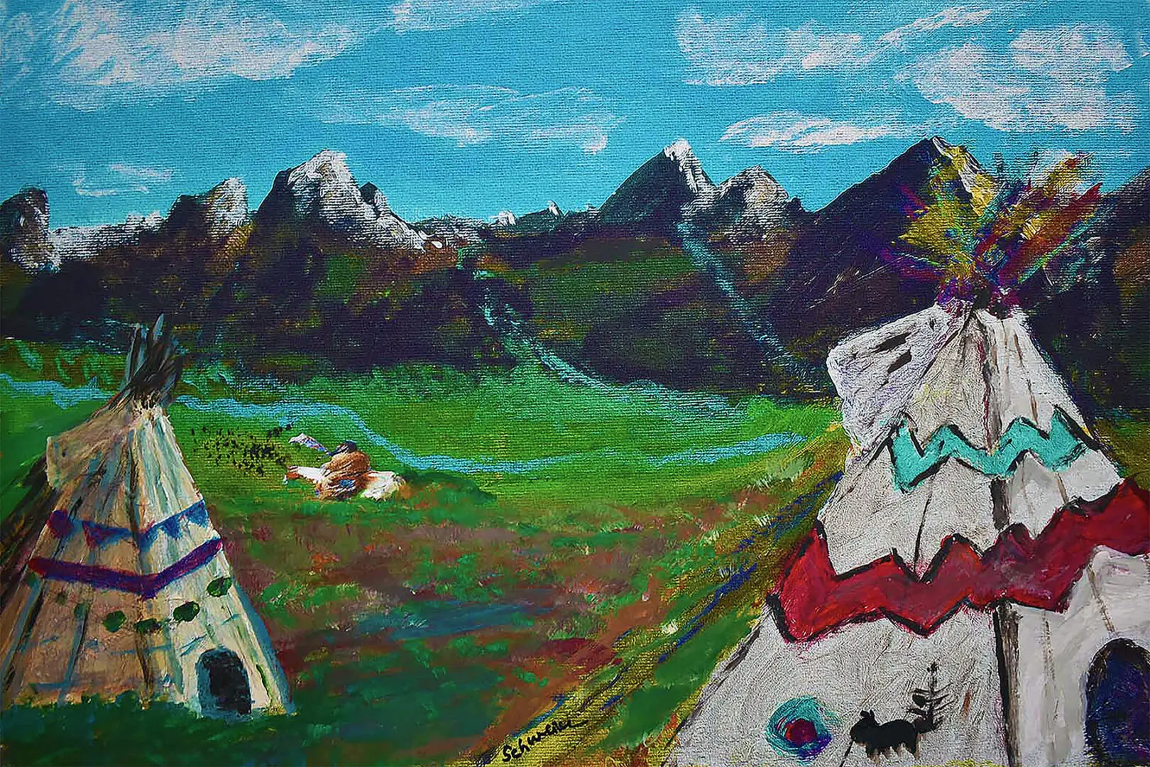 A painting of mountains and a house with a horse on it.