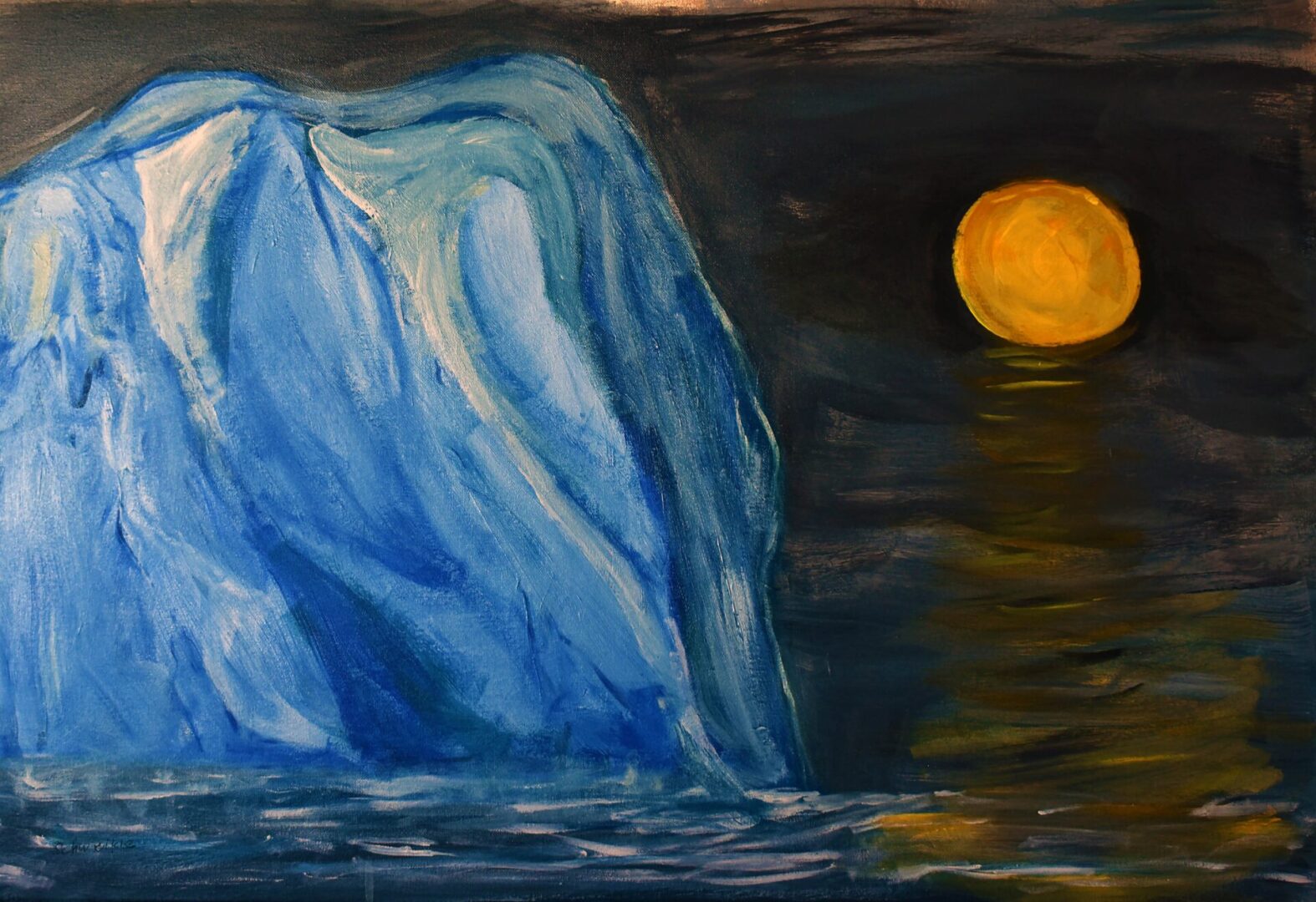 A painting of the moon and water