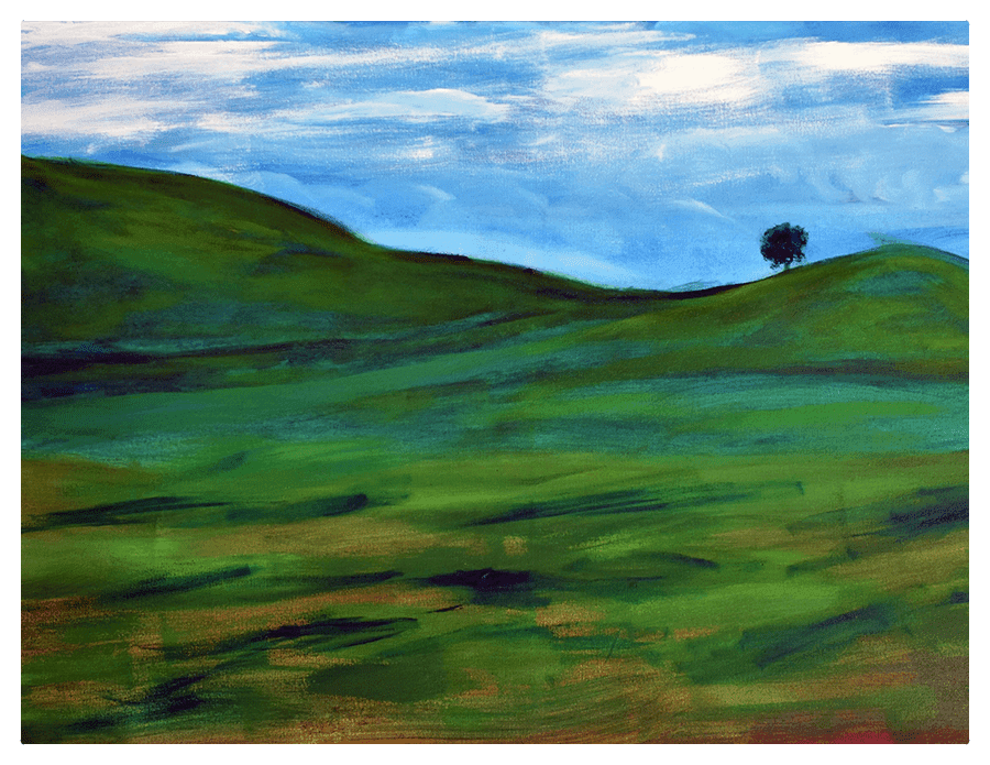 A painting of a green field with a lone tree in the distance.