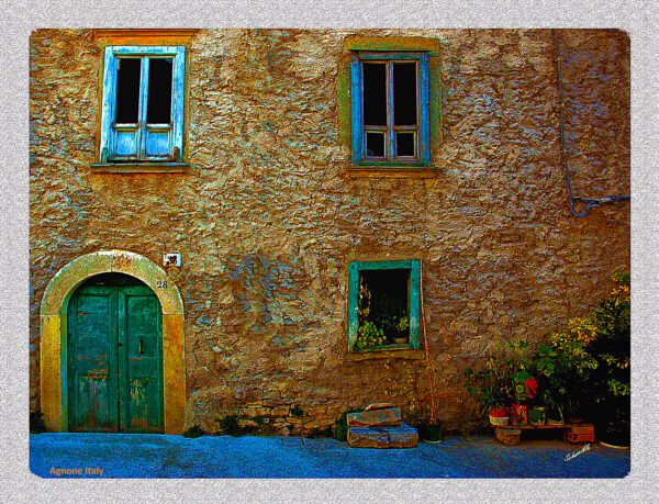 A painting of an old stone building with green door and windows.