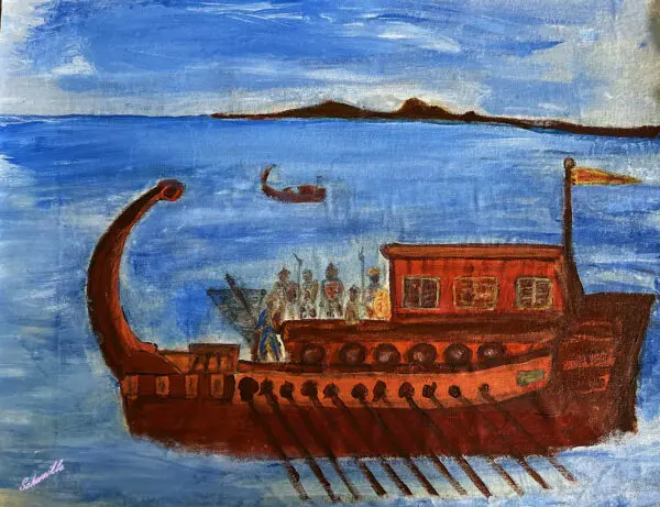 A painting of a boat in the water