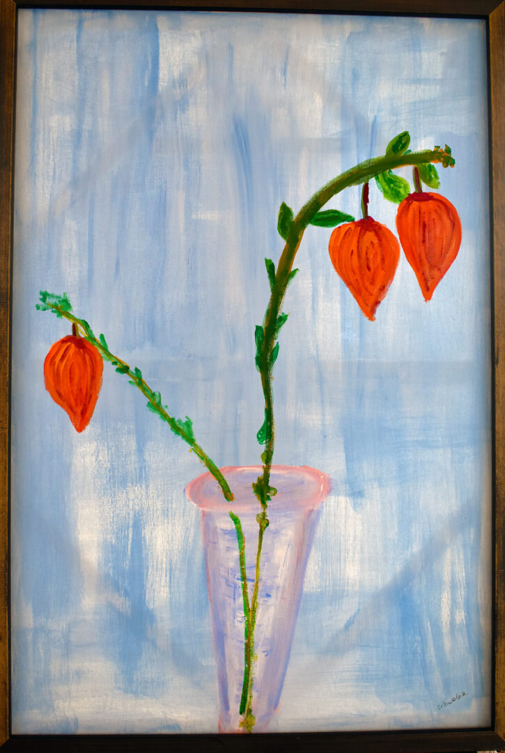 A painting of flowers in a vase on a table.