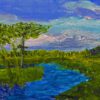 A painting of trees and water in the background