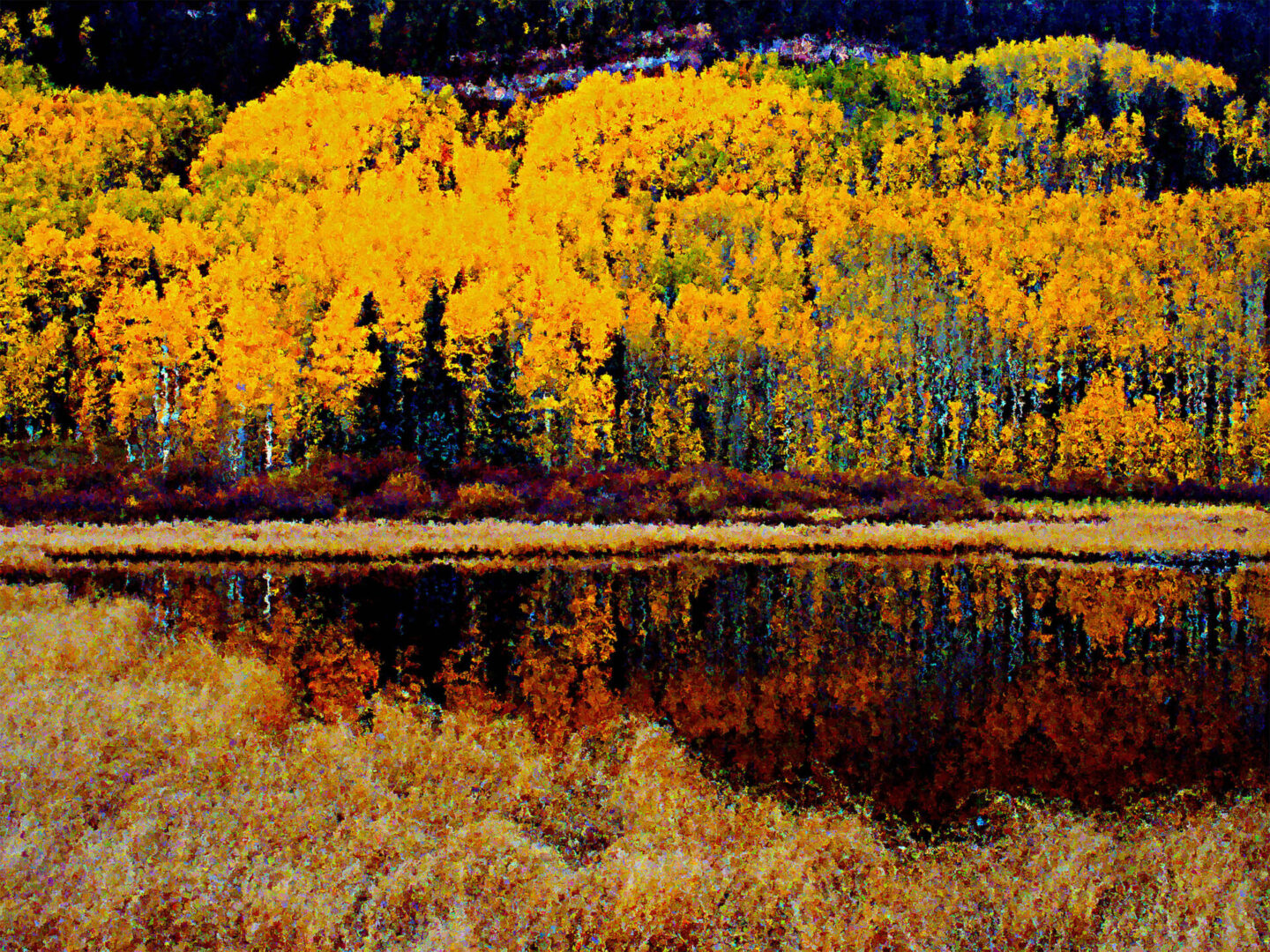 A painting of trees in the background and water