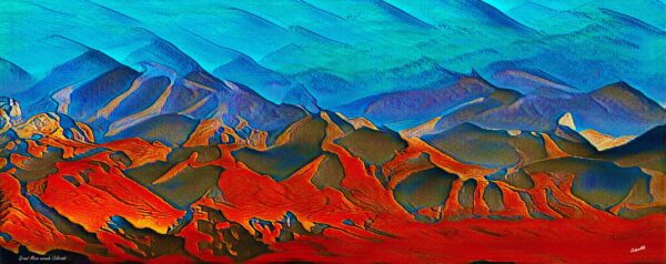 A painting of mountains with red and blue colors