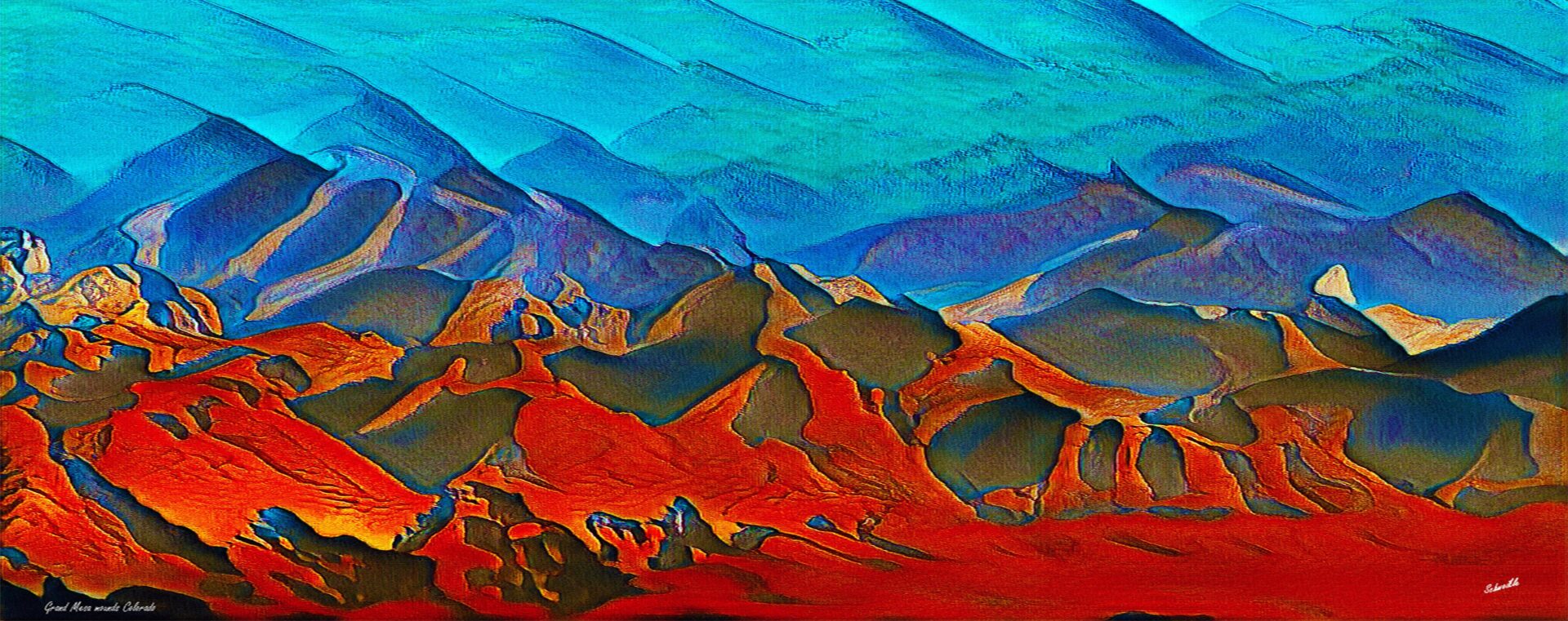 A painting of mountains with red and blue colors