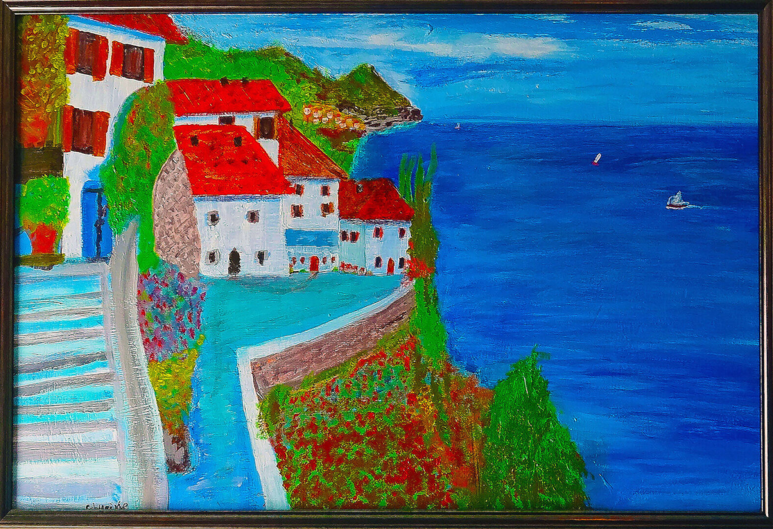 A painting of houses on the side of a cliff.