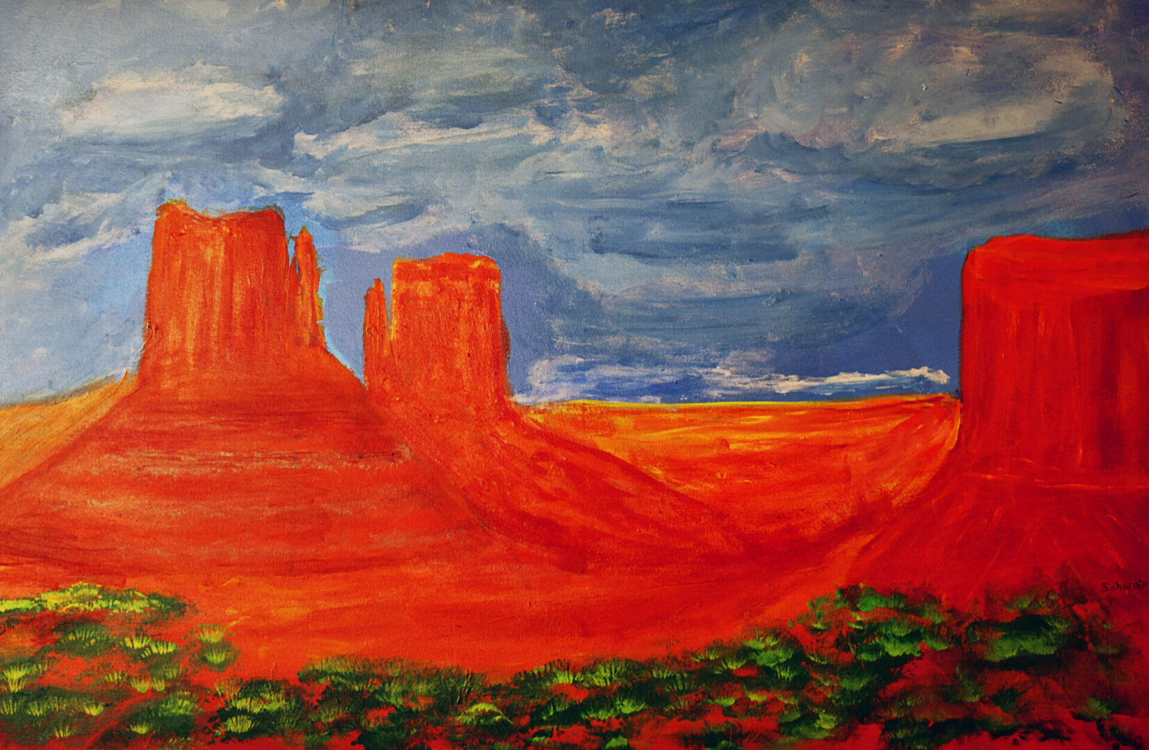 A painting of red rock formations in the desert.