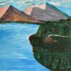 A painting of mountains and water with trees in the foreground.