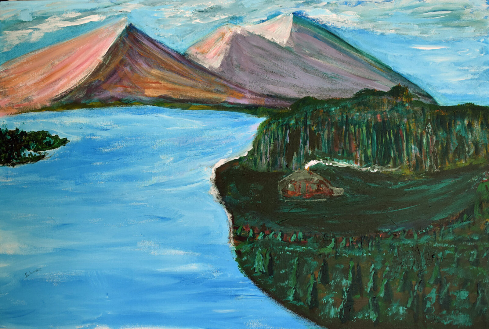 A painting of mountains and water with trees in the foreground.