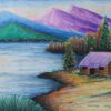 A painting of a cabin on the shore of a lake