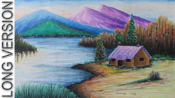 A painting of a cabin on the shore of a lake