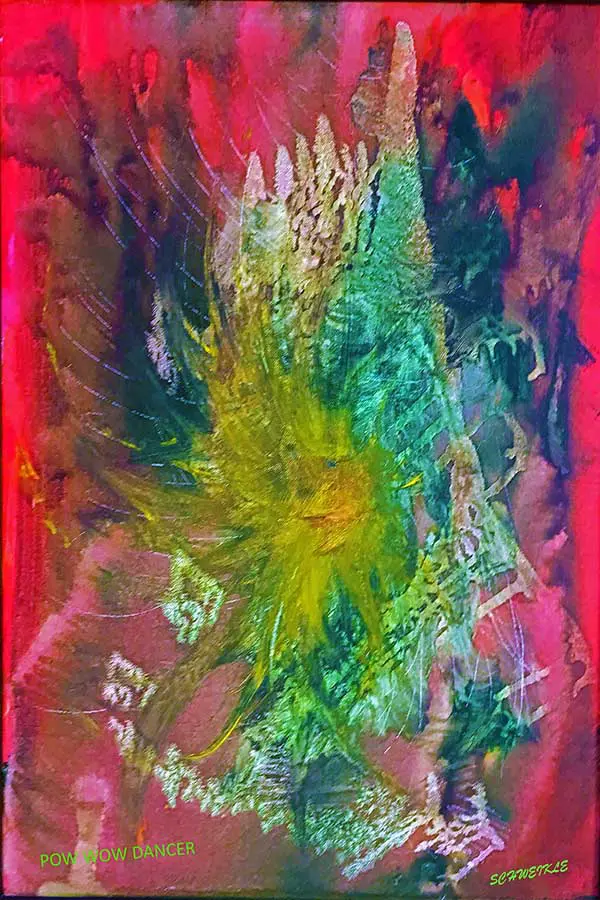 A painting of a green and red flower