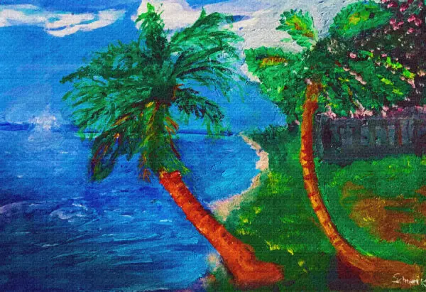 A painting of two palm trees on the beach