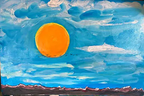 A painting of an orange sun in the sky.