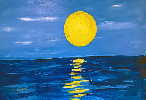 A painting of the sun setting over water.