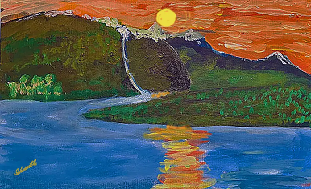 A painting of the sun setting over a mountain