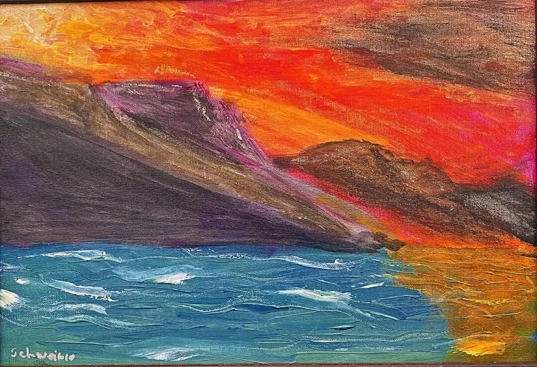 A painting of the ocean and mountains with red sky