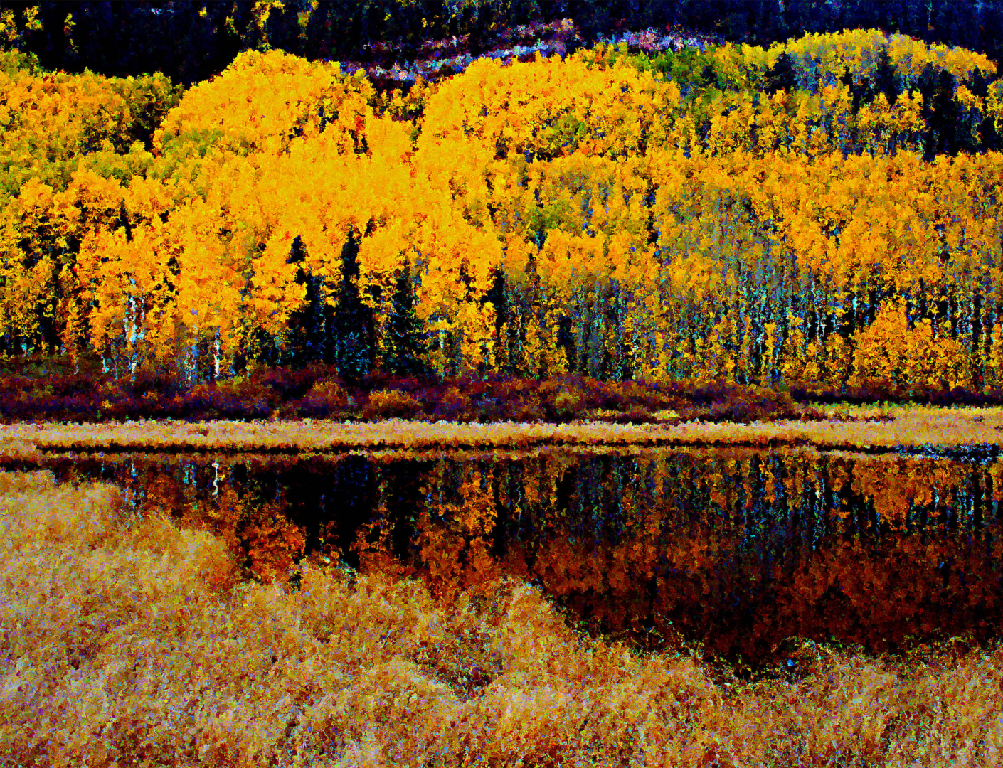 A painting of trees and water in the background