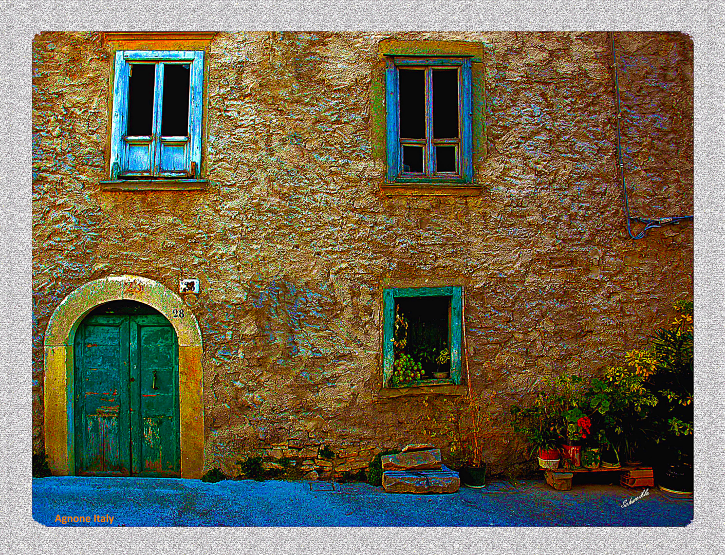 A painting of an old stone building with blue shutters.